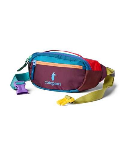 Cotopaxi Kapai 1.5L Hip Pack with multi-colored panels, featuring blue, maroon, orange, red, green straps, and bright buckles.