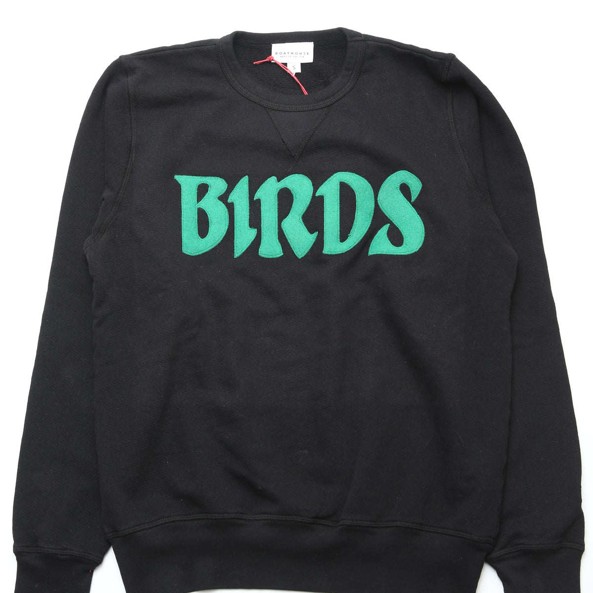 Lightweight Cotton Sweatshirt from Boathouse, black with a green 'BIRDS' graphic on the front.