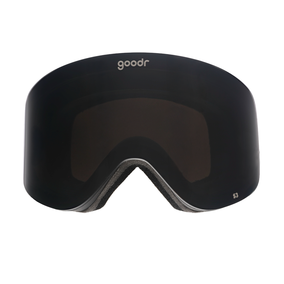 goodr Midnight Snow Society ski goggles with a dark black lens and black frame. S3 protection.