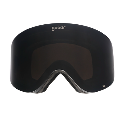 goodr Midnight Snow Society ski goggles with a dark black lens and black frame. S3 protection.