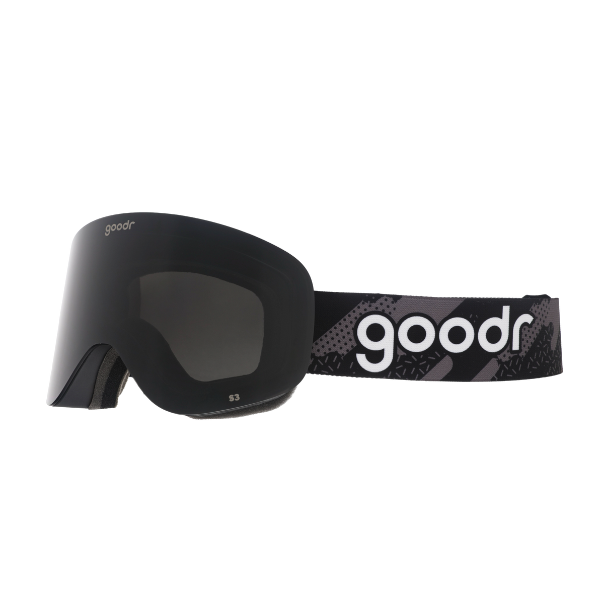 Midnight Snow Society goodr ski goggles with black frame and dark lens, featuring a grey and black patterned strap with goodr logo.