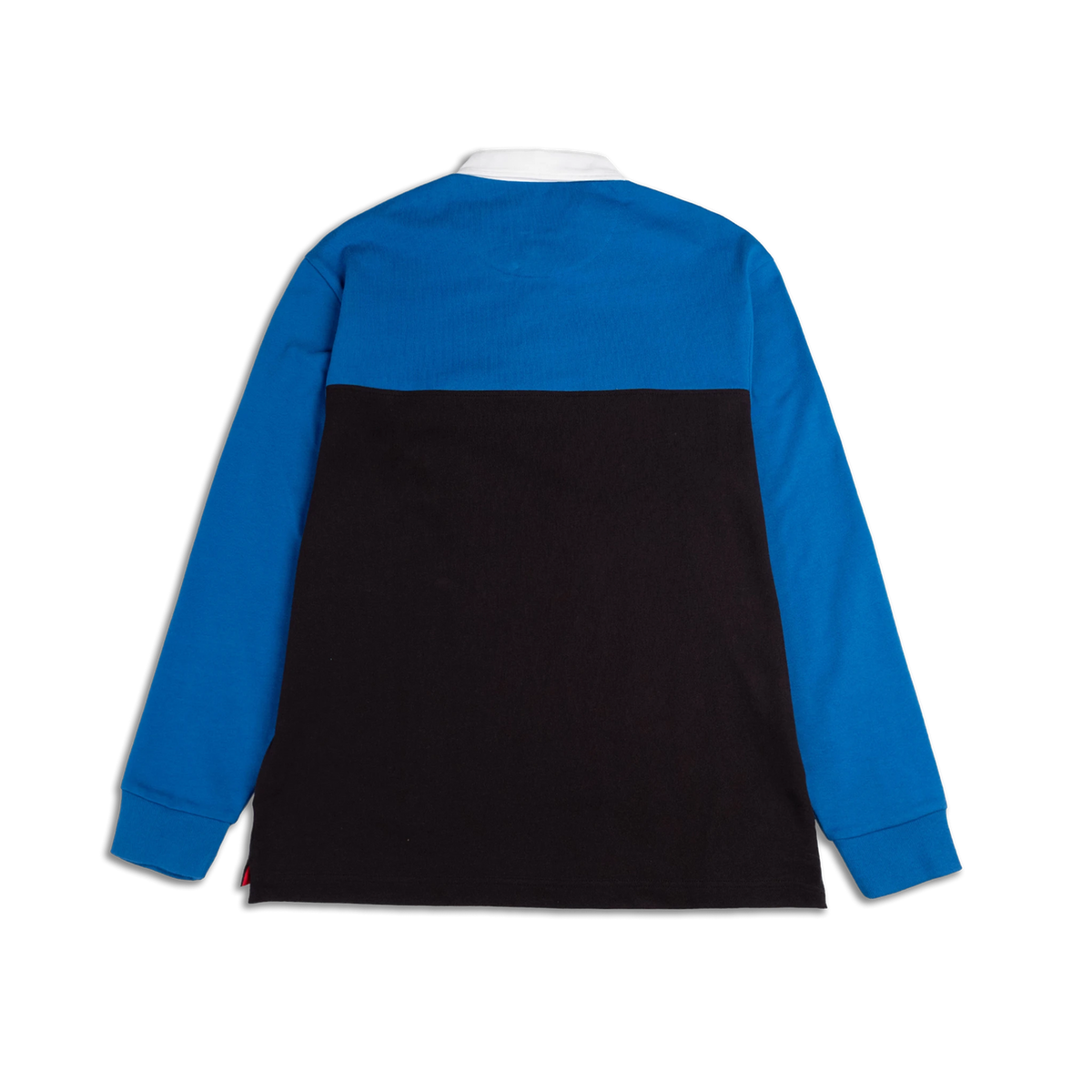Back view of the Topo Designs Men's Mountain Rugby Shirt in blue and black with a white collar and long sleeves.