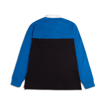 Back view of the Topo Designs Men's Mountain Rugby Shirt in blue and black with a white collar and long sleeves.