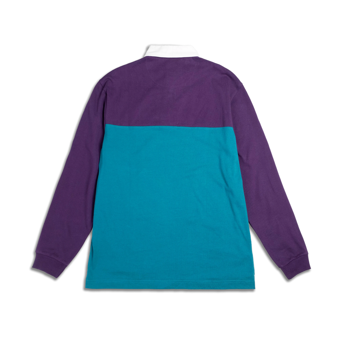 Back view of the men's Topo Designs Mountain Rugby Shirt with a purple upper and teal lower color block design and white collar.