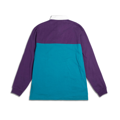 Back view of the men's Topo Designs Mountain Rugby Shirt with a purple upper and teal lower color block design and white collar.