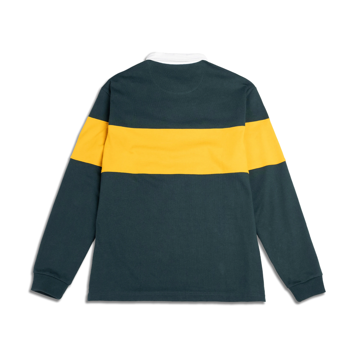 Back view of the Men's Topo Designs Mountain Rugby Shirt in dark green with a yellow horizontal stripe and white collar.