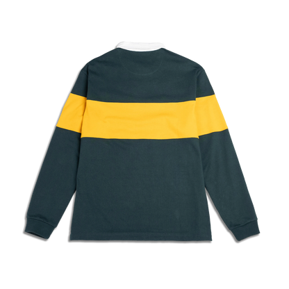 Back view of the Men's Topo Designs Mountain Rugby Shirt in dark green with a yellow horizontal stripe and white collar.