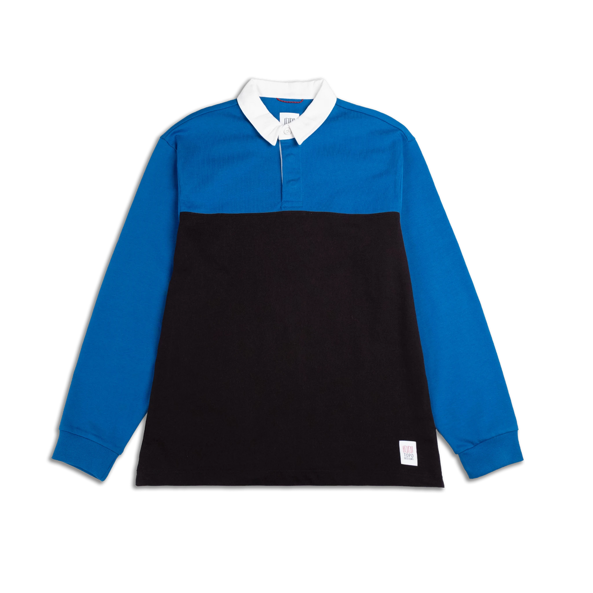 Topo Designs Men's Mountain Rugby Shirt in blue and black color block with white collar, long sleeves.