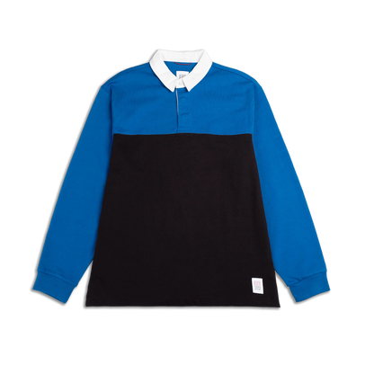 Topo Designs Men's Mountain Rugby Shirt in blue and black color block with white collar, long sleeves.