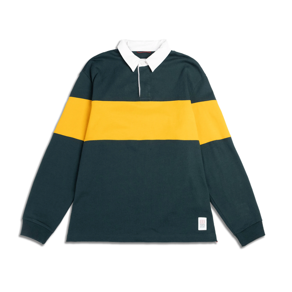 Men's Topo Designs Mountain Rugby Shirt in dark green with a yellow horizontal stripe and white collar. Long-sleeved.