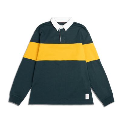 Men's Topo Designs Mountain Rugby Shirt in dark green with a yellow horizontal stripe and white collar. Long-sleeved.