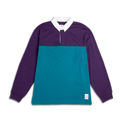 Men's Topo Designs Mountain Rugby Shirt with long sleeves, color blocked purple top and teal bottom, and a white collar.