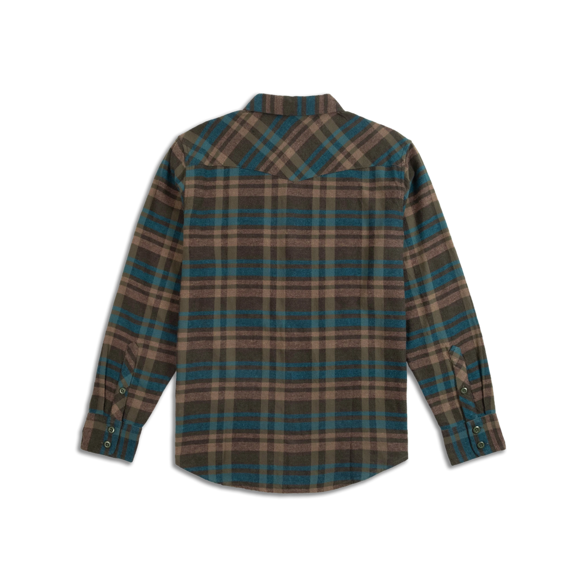 Topo Designs Men's Mountain Shirt Long Sleeve, back view, featuring a brown and blue plaid pattern.
