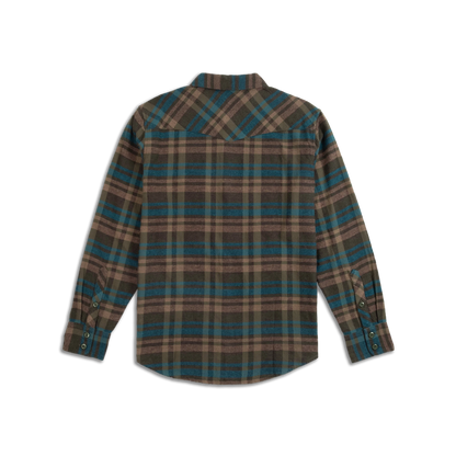 Topo Designs Men's Mountain Shirt Long Sleeve, back view, featuring a brown and blue plaid pattern.