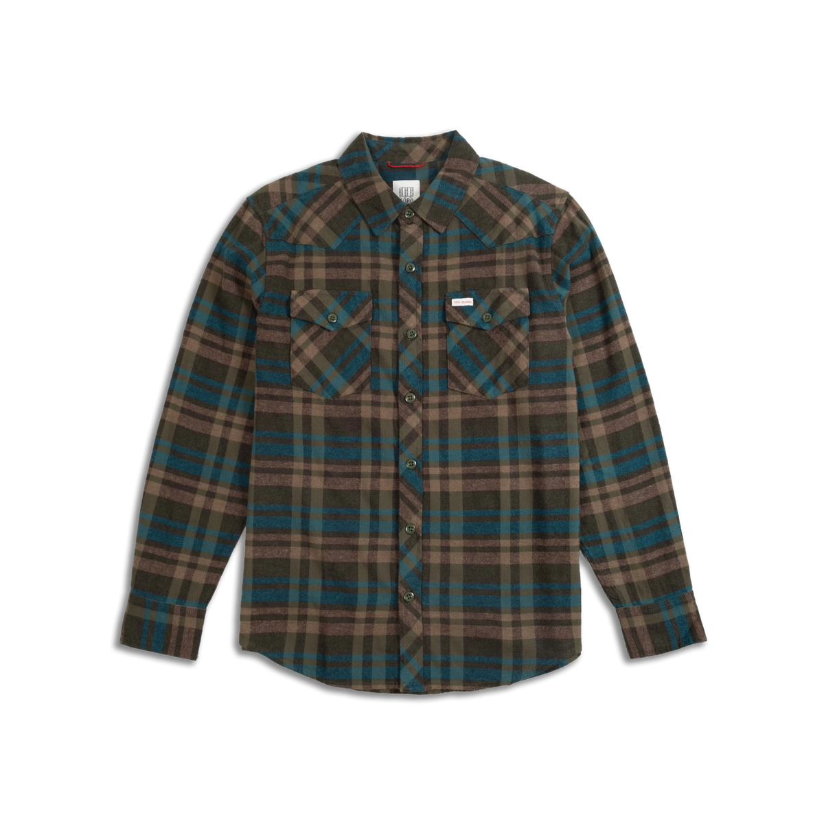 Men's Topo Designs Mountain Shirt Long Sleeve with brown, green, and blue plaid pattern, Western yoke, and chest pockets.