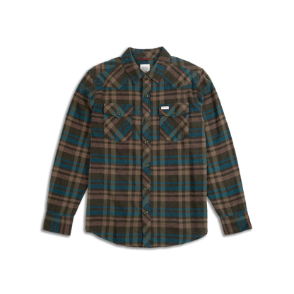 Men's Topo Designs Mountain Shirt Long Sleeve with brown, green, and blue plaid pattern, Western yoke, and chest pockets.
