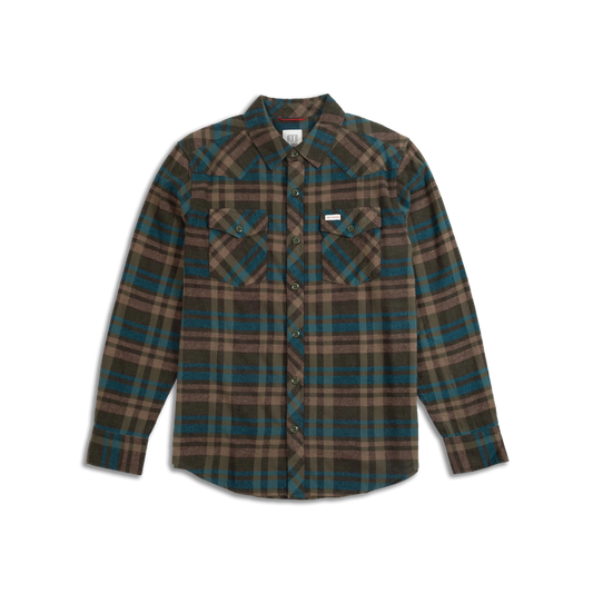 Men's Topo Designs Mountain Shirt Long Sleeve with brown, green, and blue plaid pattern, Western yoke, and chest pockets.