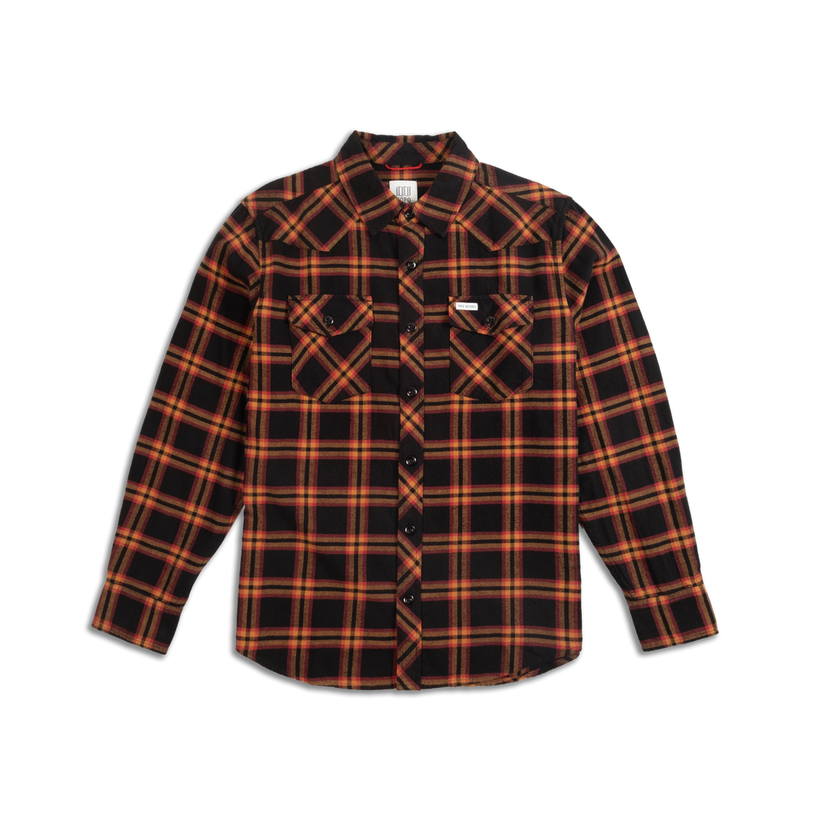Men's Topo Designs Mountain Shirt Long Sleeve in black, red, and orange plaid pattern, with two buttoned chest pockets.