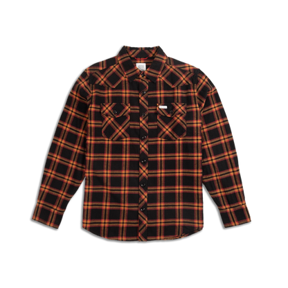 Men's Topo Designs Mountain Shirt Long Sleeve in black, red, and orange plaid pattern, with two buttoned chest pockets.