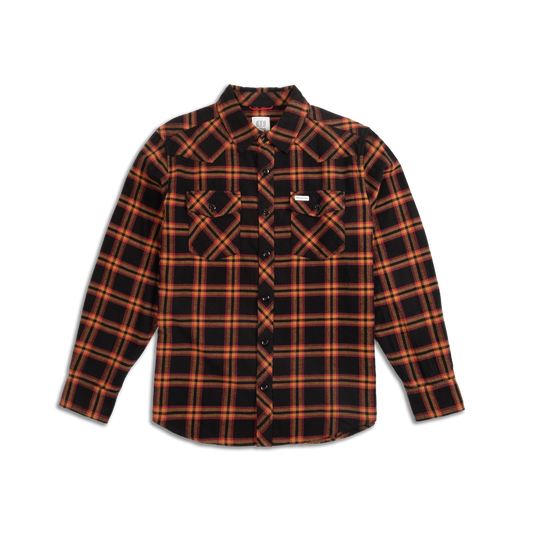 Men's Topo Designs Mountain Shirt Long Sleeve in black, red, and orange plaid pattern, with two buttoned chest pockets.