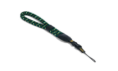 NocLoc Approach Wrist Loop by Nocs Provisions, green patterned rope wrist strap with black leather accents and attachment.