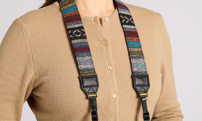 NocLoc Woven Tapestry Neck Strap from Nocs Provisions, with colorful geometric patterns, worn over a brown cardigan.