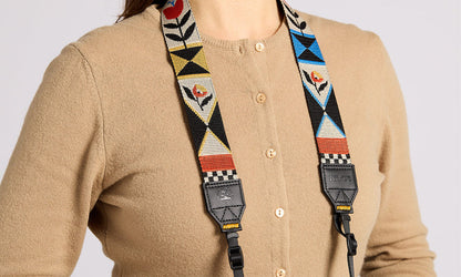 NocLoc Woven Tapestry Neck Strap by Nocs Provisions, featuring colorful floral & geometric patterns, worn over a tan cardigan.