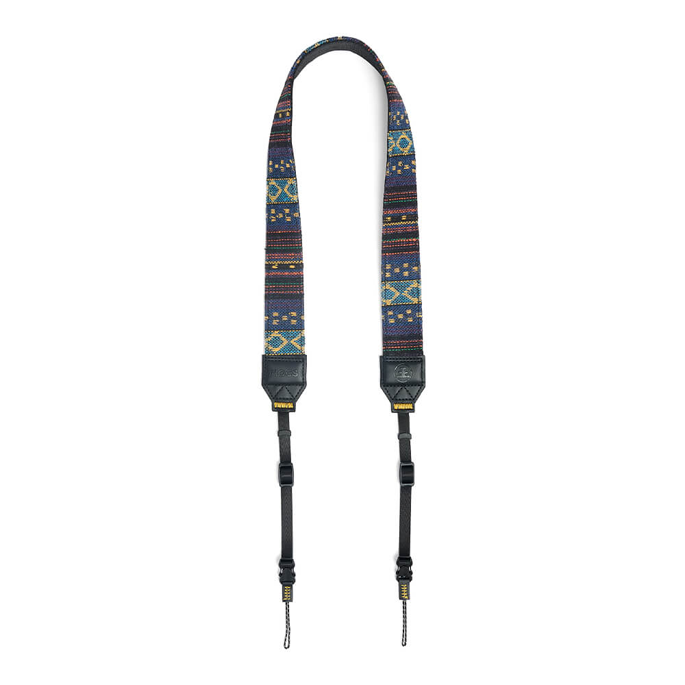 NocLoc Woven Tapestry Neck Strap by Nocs Provisions, featuring a blue, yellow, and orange geometric pattern.