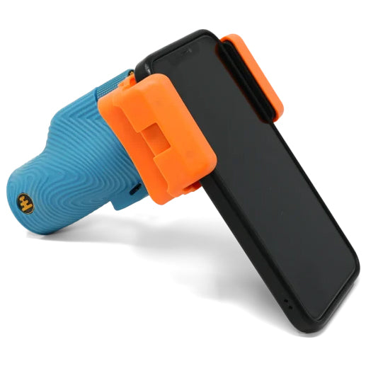 Nocs Provisions Photo Rig Smartphone Adapter, blue textured grip holding a black smartphone via orange clips