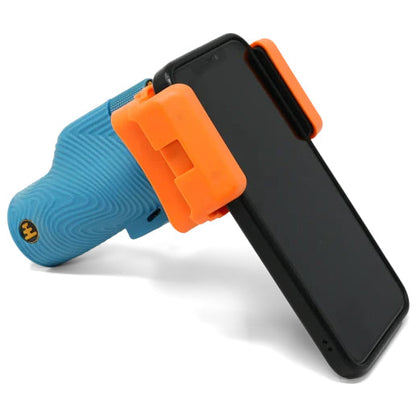 Nocs Provisions Photo Rig Smartphone Adapter, blue textured grip holding a black smartphone via orange clips