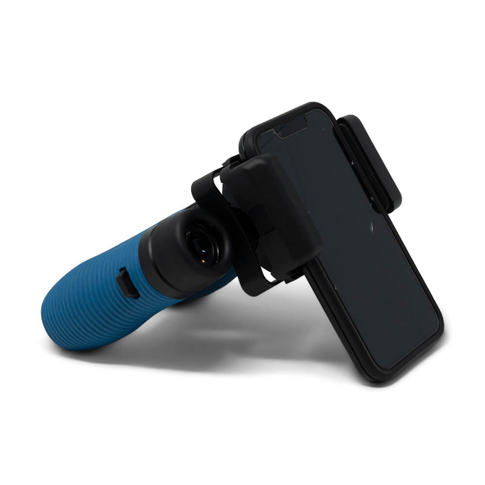 Nocs Provisions Photo Rig Smartphone Adapter with a blue monocular attached to a black smartphone, white background.