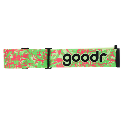 goodr Polar Pistachio ski/snowboard goggle strap with a green and pink abstract splatter design.