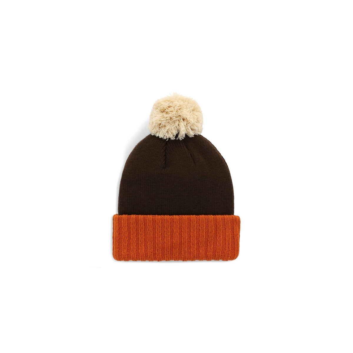 Topo Designs Pompom Beanie in brown and orange with a fluffy cream pompom.