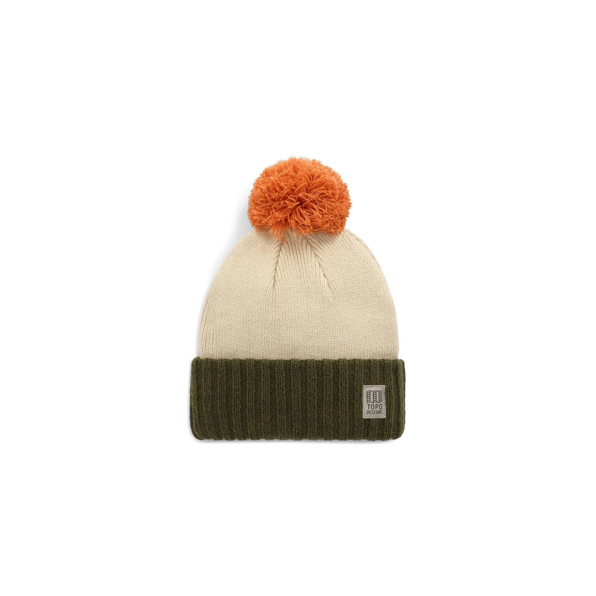 Topo Designs Pompom Beanie in off-white with an olive green brim and an orange pompom.