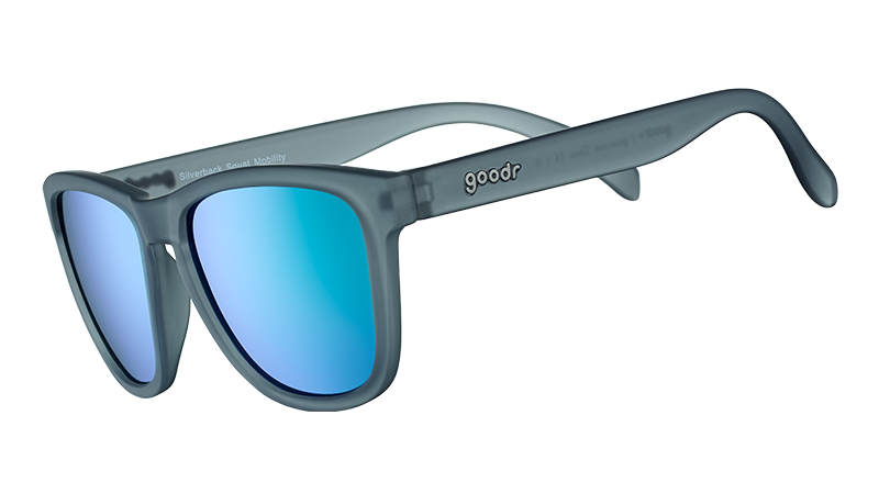 goodr Silverback Squat Mobility sunglasses. Grey frame with blue mirrored lenses, angled view on white background.