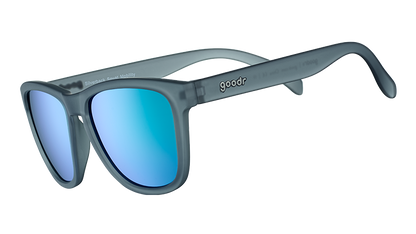 goodr Silverback Squat Mobility sunglasses. Grey frame with blue mirrored lenses, angled view on white background.