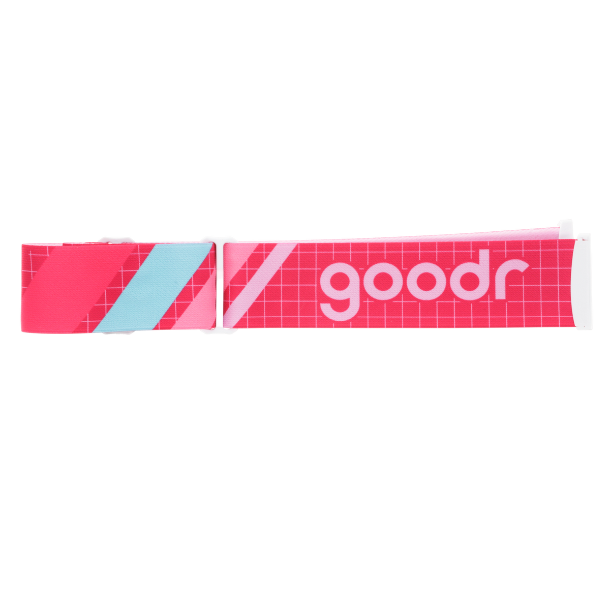 goodr Slush Bunny Pinkout goggle strap, pink with light blue diagonal stripes and a white grid pattern, showing the goodr logo.