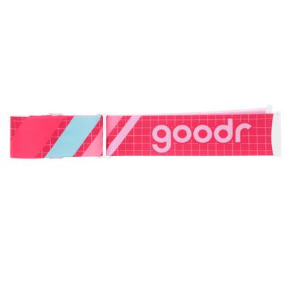 goodr Slush Bunny Pinkout goggle strap, pink with light blue diagonal stripes and a white grid pattern, showing the goodr logo.