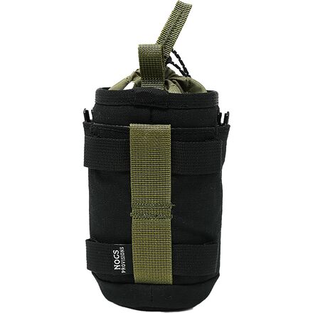 Nocs Provisions Tube Caddy in black with olive green MOLLE-compatible straps and drawstring closure.