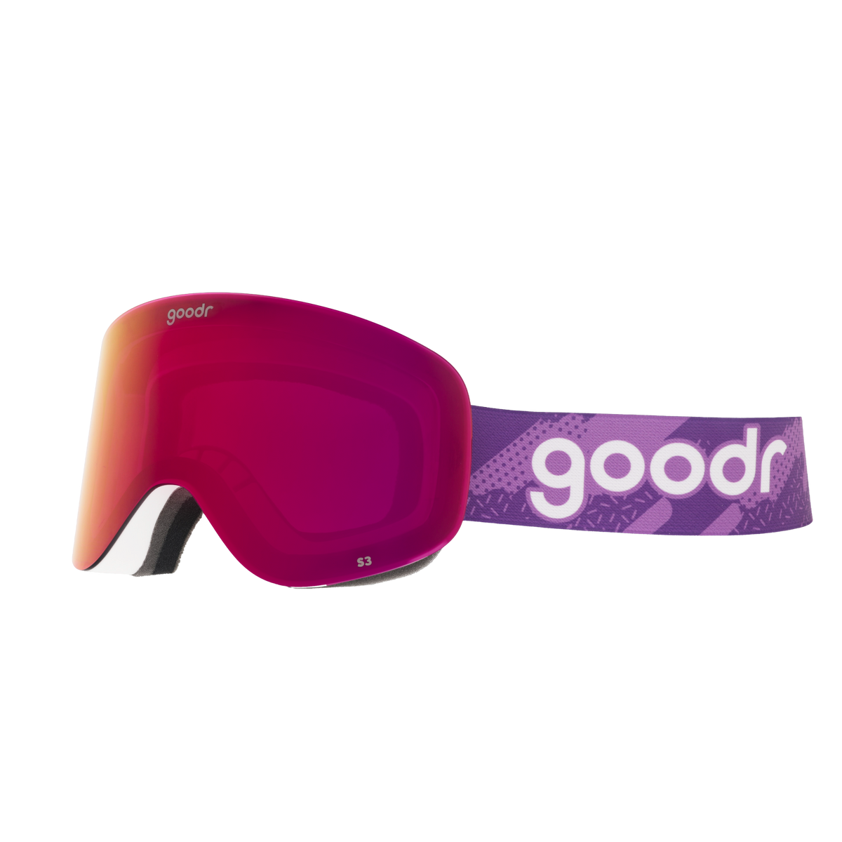 Vintage Snow Suit Ambitions goodr ski goggles with pink mirrored lens and patterned purple strap against a white background.