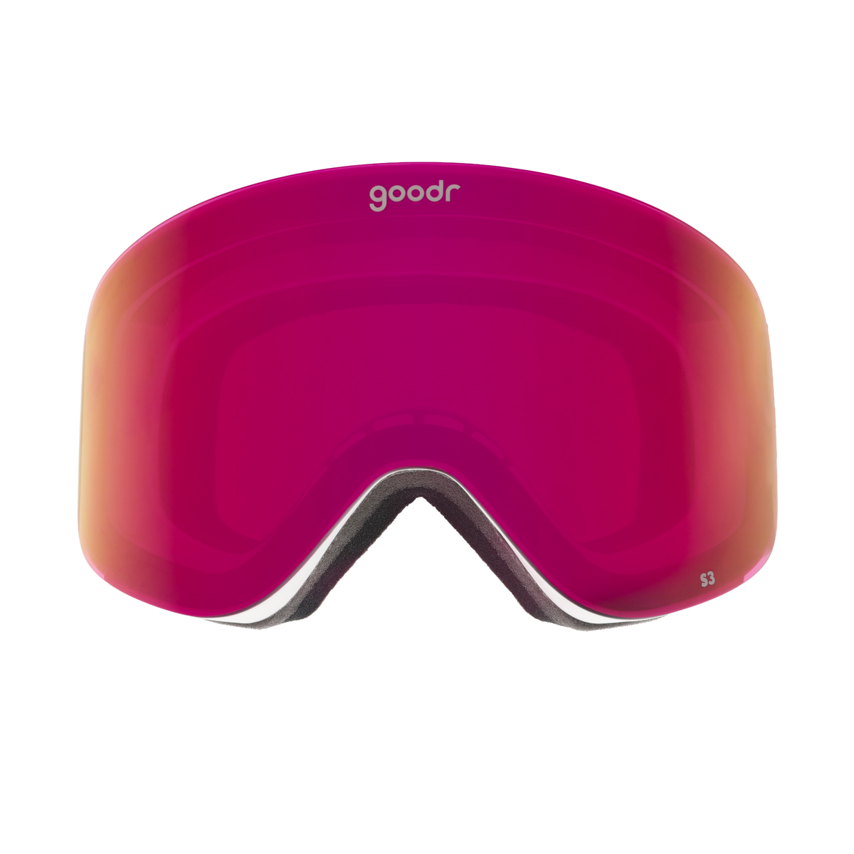 goodr Vintage Snow Suit Ambitions ski goggles with a vibrant pink and orange tinted lens, ideal for winter sports.