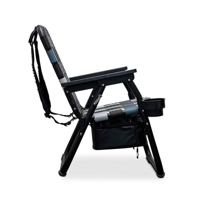 PARKIT Voyager Outdoor Chair with Cooler, black, side view, showing cooler bag, cup holder, and backpack straps.