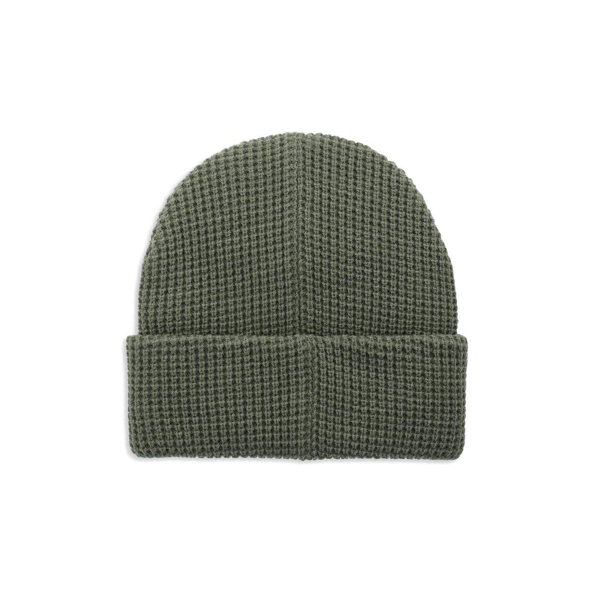 Topo Designs Waffle Knit Beanie in olive green, featuring a textured waffle knit pattern and a folded brim, shown flat.