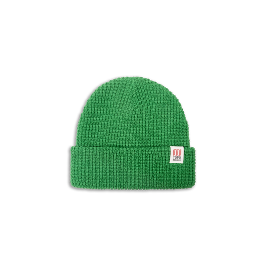 Green waffle knit beanie with a white Topo Designs label