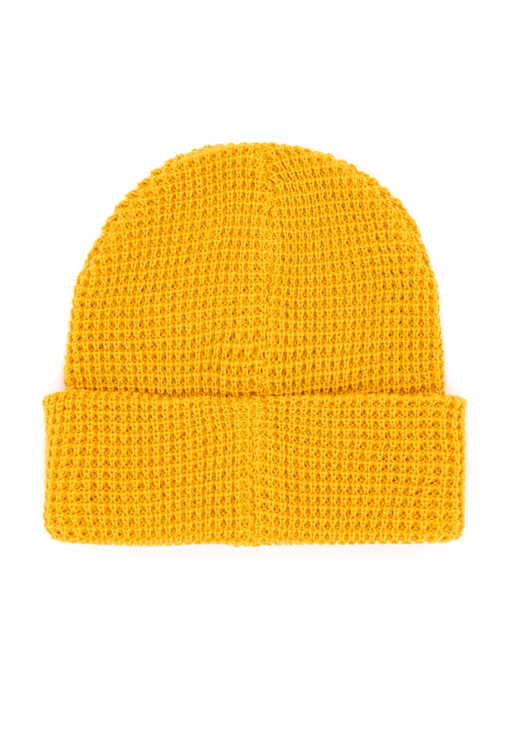 Topo Designs yellow Waffle Knit Beanie. Close-up of the textured, warm, and stylish headwear.
