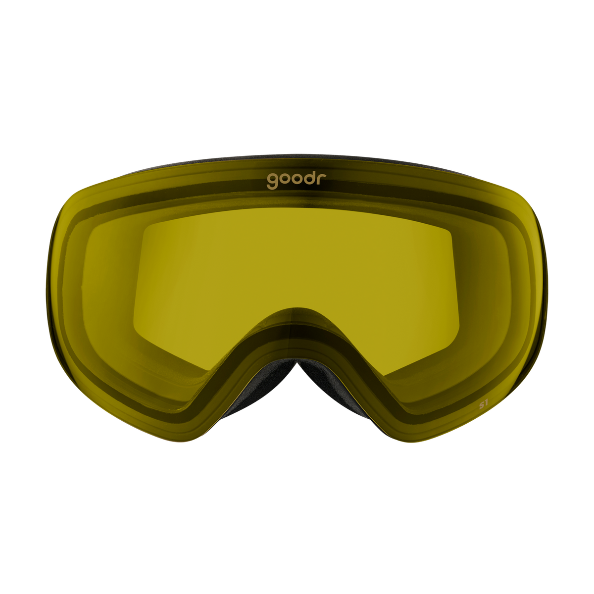 goodr Yellow Jacket's Yard Sale ski goggles with bright yellow lenses and black frame, displayed from the front.