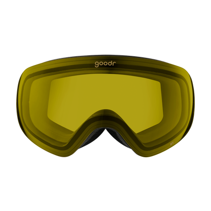 goodr Yellow Jacket's Yard Sale ski goggles with bright yellow lenses and black frame, displayed from the front.