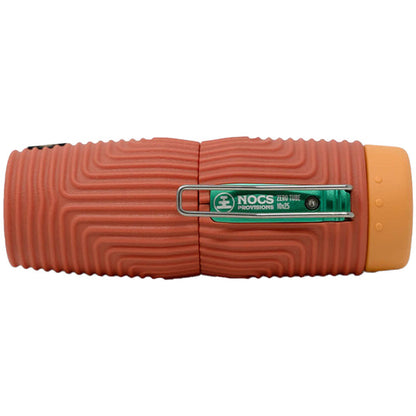 Nocs Provisions Zero Tube 10x25 Waterproof Monocular, top view showing textured orange body and green logo clip.